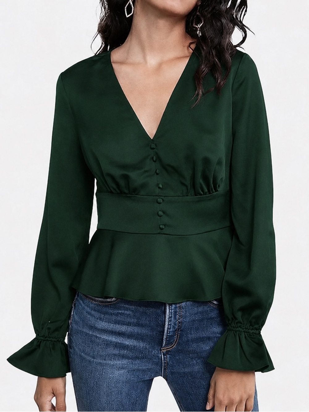 Express Peplum Long Sleeve V-neck in Green